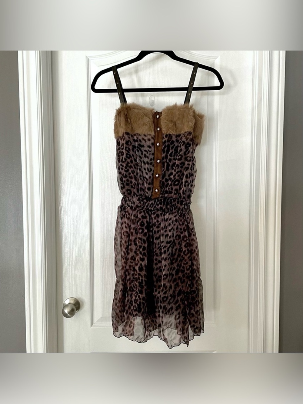 Happyberry Korea Brown Gold Black Leopard Dress /w Faux Fur Leather (LIKE-NEW) - Picture 2 of 15